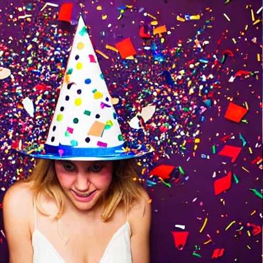 top of a woman head with party hat and confettis falling on the background - generated by AI